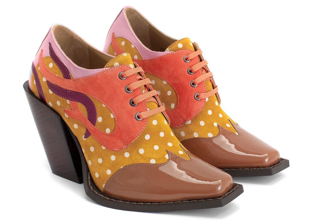 John Fluevog Dali Orange Contrast Western Lace Up Suede Heeled Shoes M10/W12